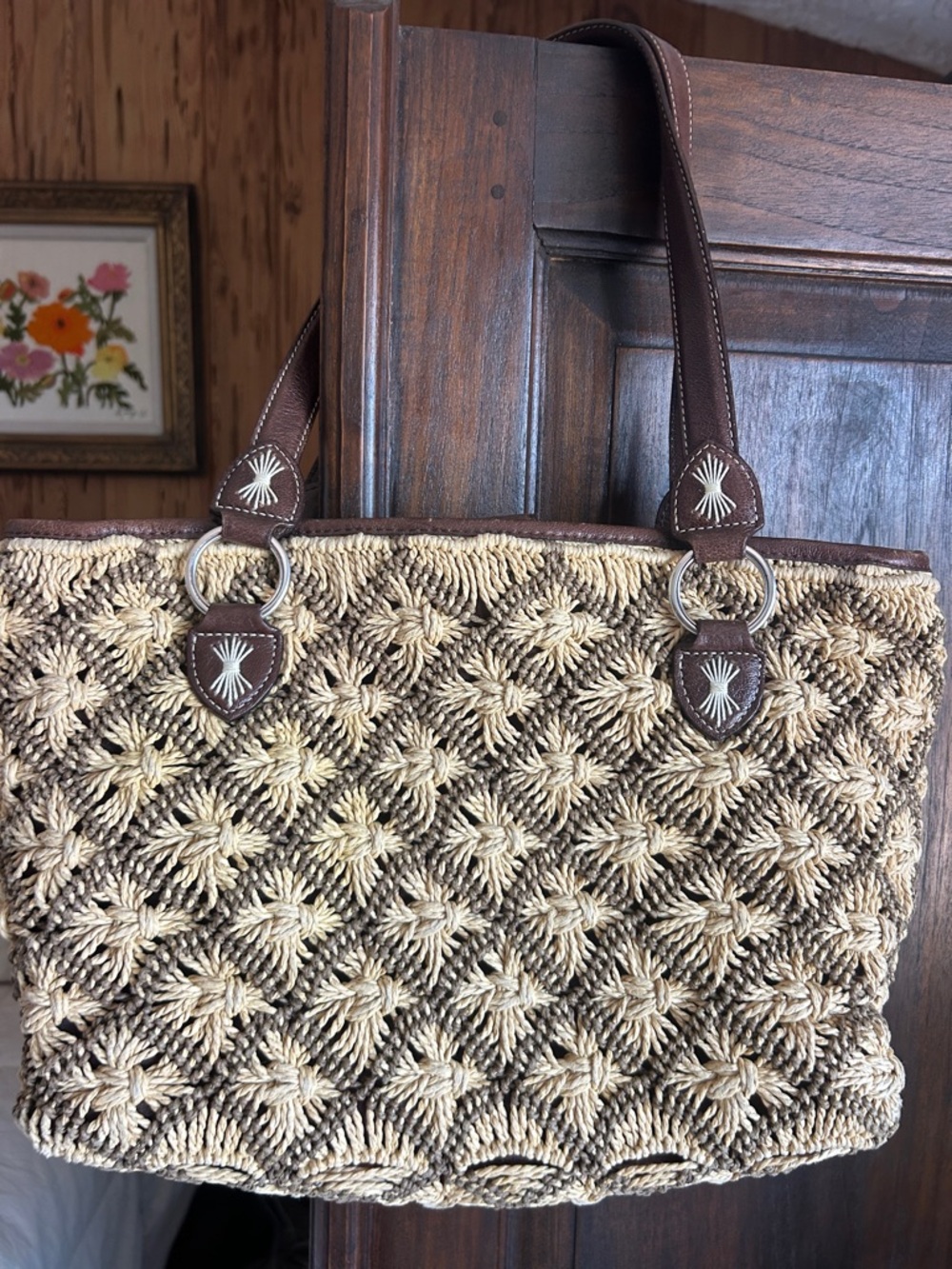Vintage Brighton Woven Straw Tote Bag with Brown Leather Accents with Heart - Picture 4 of 10